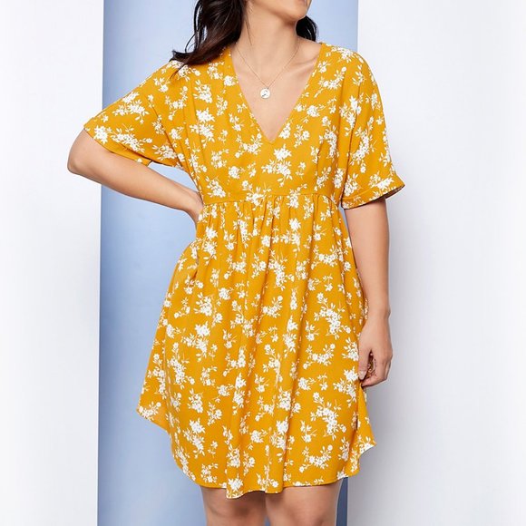 Ditsy Floral BOHO Mustard Yellow Plus Size Dress - Picture 2 of 10